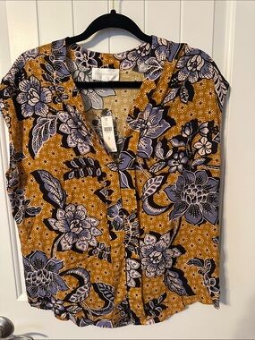 Corey Lynn Calter x Anthropologie Mustard Floral V-Neck Sleeveless Gia Blouse